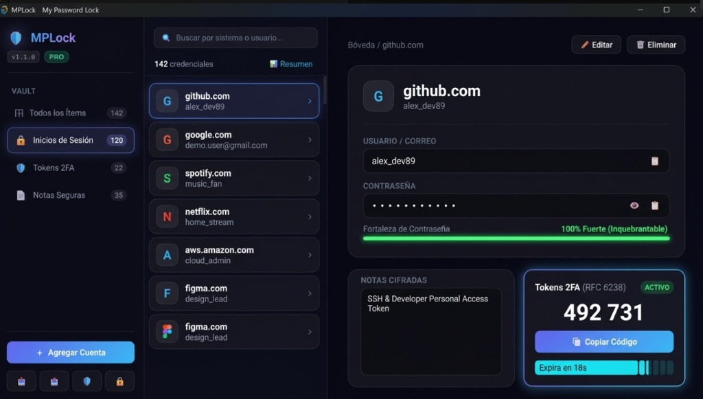 Interfaz moderna de MPLock — Gestor de contraseñas local-first con autenticador 2FA